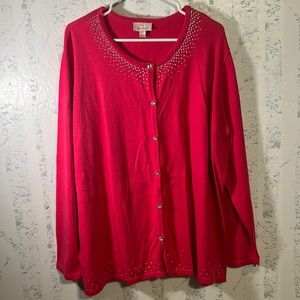 Quacker Factory Cardigan Sweater Plus Size 2X Pink Rhinestone Buttons
